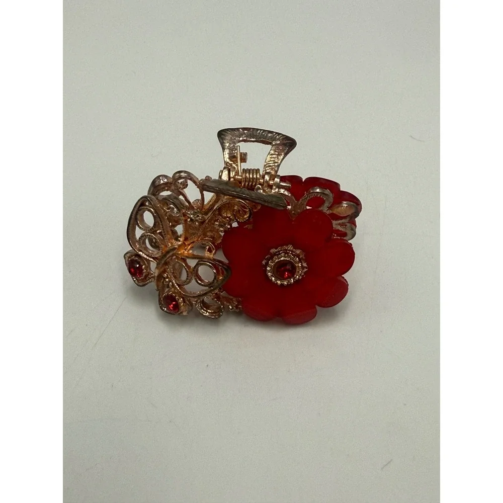 Red Flower Butterfly Hair Claw Clip Gold Tone Rhinestone Filigree Accessory